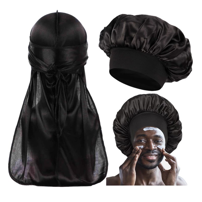 Himoswis Bonnet for Men Curly Hair Silk Bonnet for Men for Sleeping Matching Durag and Bonnets Set for Couples Mens Bonnet Pack A - Image 2